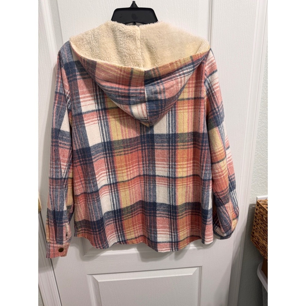 Womens Plaid Sherpa Lined Hooded Shacket Jacket Pink Blue Yellow Cream L - Picture 3 of 9